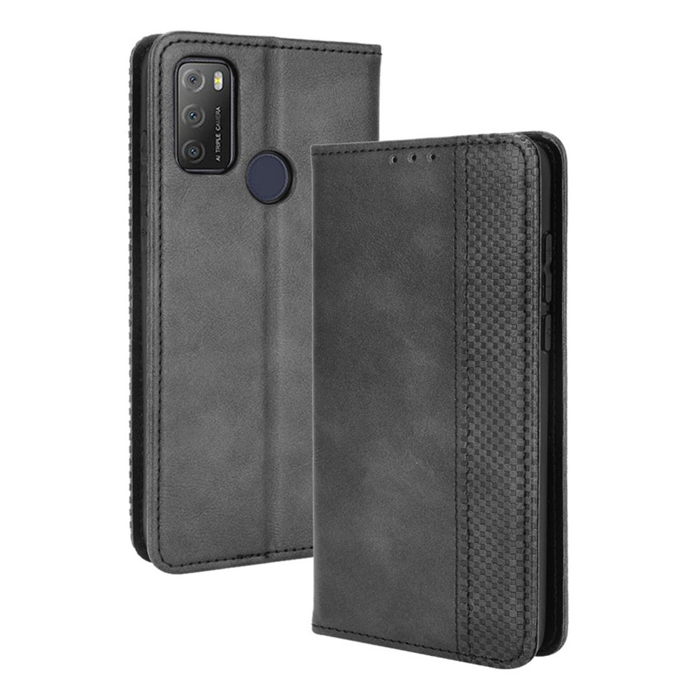 Magnetic Vintage Style Phone Case Wallet Stand Leather Cover for Alcatel 3L(2021) / 1S (2021) - Black-1