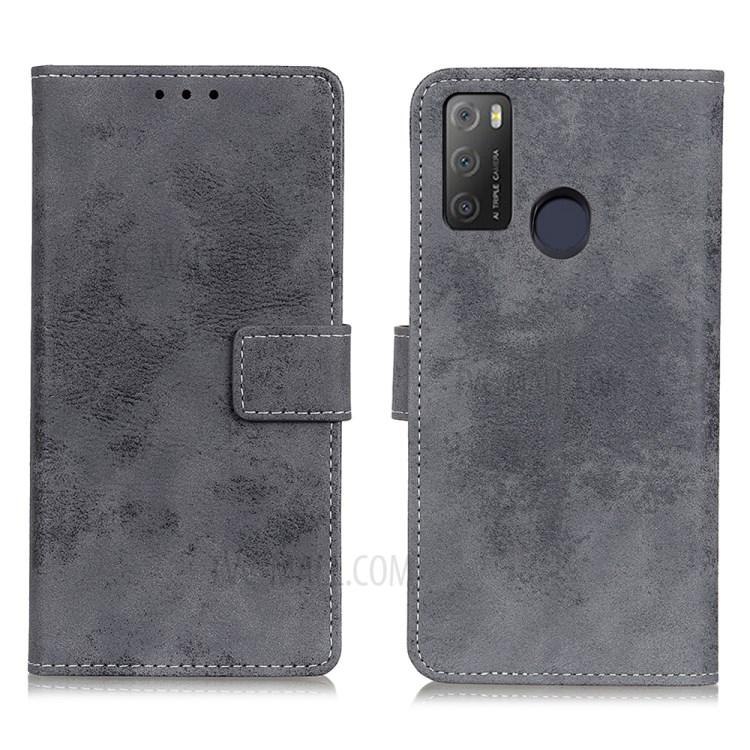 Wallet Design Vintage Style PU Leather Mobile Phone Cover Case with Stand for Alcatel 3L (2021) / Alcatel 1S (2021) - Grey-1