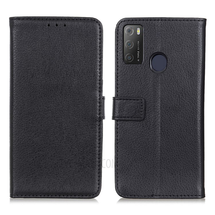 Litchi Skin Leather Wallet Stand Case for Alcatel 3L (2021) / Alcatel 1S (2021) - Black-1