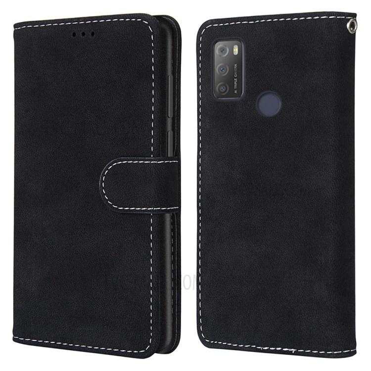Retro Style Matte Leather Case Phone Cover Wallet Stand for Alcatel 3L (2021) - Black-1