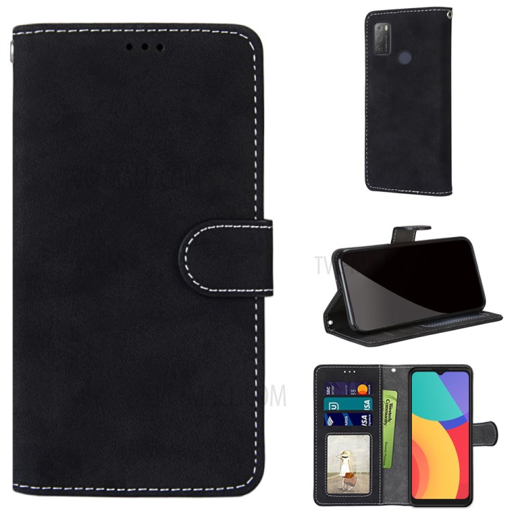 Retro Style Matte Leather Case Phone Cover Wallet Stand for Alcatel 3L (2021) - Black-10