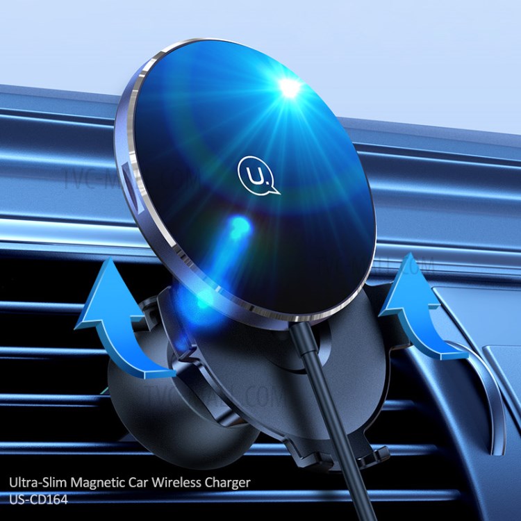 USAMS US-CD164 2 in 1 15W Ultra-Thin Magnetic Car Wireless Charger Phone Holder Stand Bracket for iPhone-11