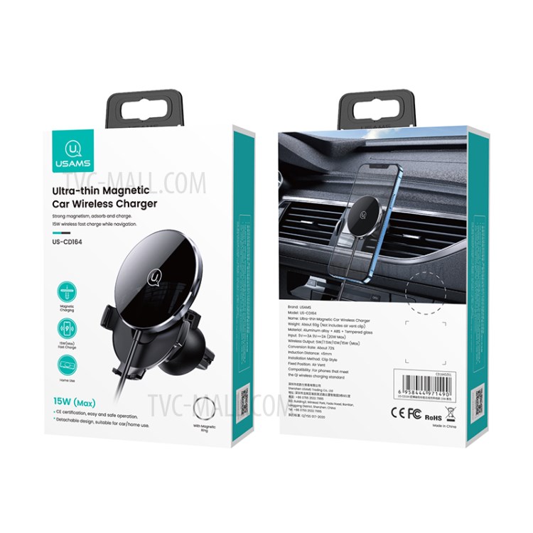 USAMS US-CD164 2 in 1 15W Ultra-Thin Magnetic Car Wireless Charger Phone Holder Stand Bracket for iPhone-13