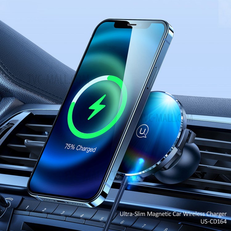 USAMS US-CD164 2 in 1 15W Ultra-Thin Magnetic Car Wireless Charger Phone Holder Stand Bracket for iPhone-7