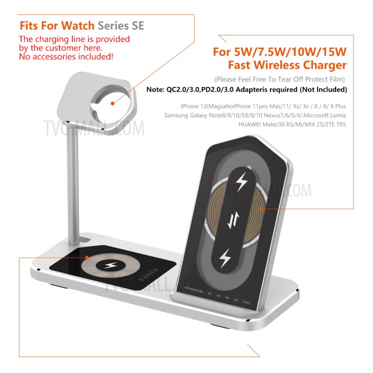 AJWXC005SX 3 IN 1 WLAN-Ladegeräte Stehen Schneller Ladestation Dock Für IPhone 12 / Apple Watch / Huawei / Samsung - Silber--2
