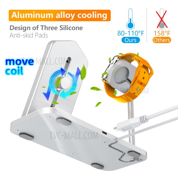 AJWXC005SX 3 IN 1 WLAN-Ladegeräte Stehen Schneller Ladestation Dock Für IPhone 12 / Apple Watch / Huawei / Samsung - Silber--3