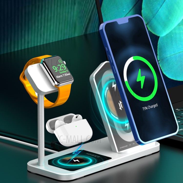 AJWXC005SX 3 IN 1 WLAN-Ladegeräte Stehen Schneller Ladestation Dock Für IPhone 12 / Apple Watch / Huawei / Samsung - Silber--4