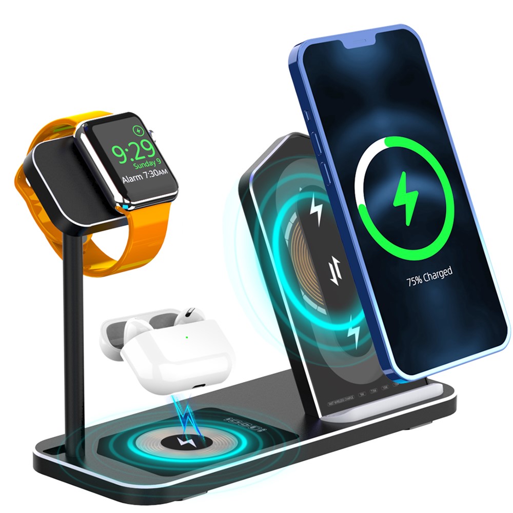 AJWXC005SX 3 En 1 Chargeurs Sans Fil Stand Fast Chargement Station Dock Pour IPhone 12 / Apple Watch / Huawei / Samsung - Noir-1