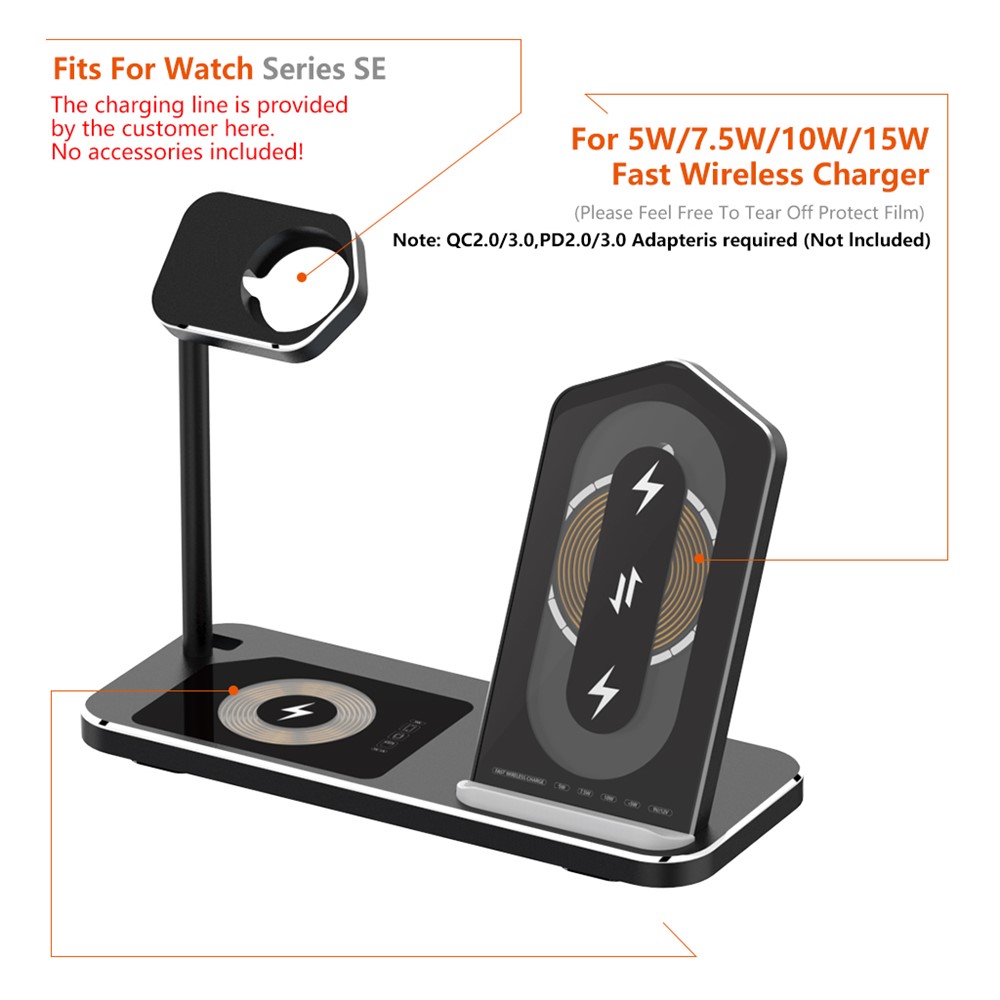 AJWXC005SX 3 En 1 Chargeurs Sans Fil Stand Fast Chargement Station Dock Pour IPhone 12 / Apple Watch / Huawei / Samsung - Noir-2