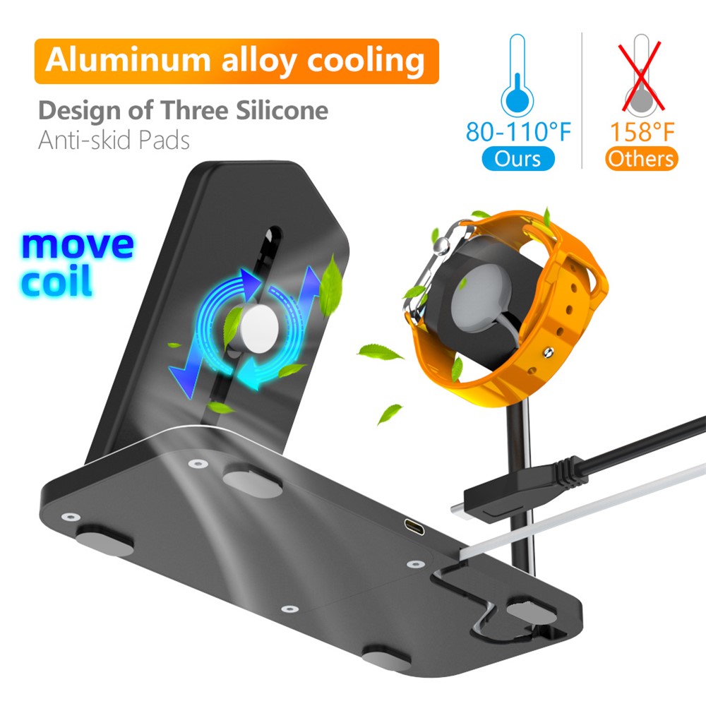 AJWXC005SX 3 En 1 Chargeurs Sans Fil Stand Fast Chargement Station Dock Pour IPhone 12 / Apple Watch / Huawei / Samsung - Noir-3