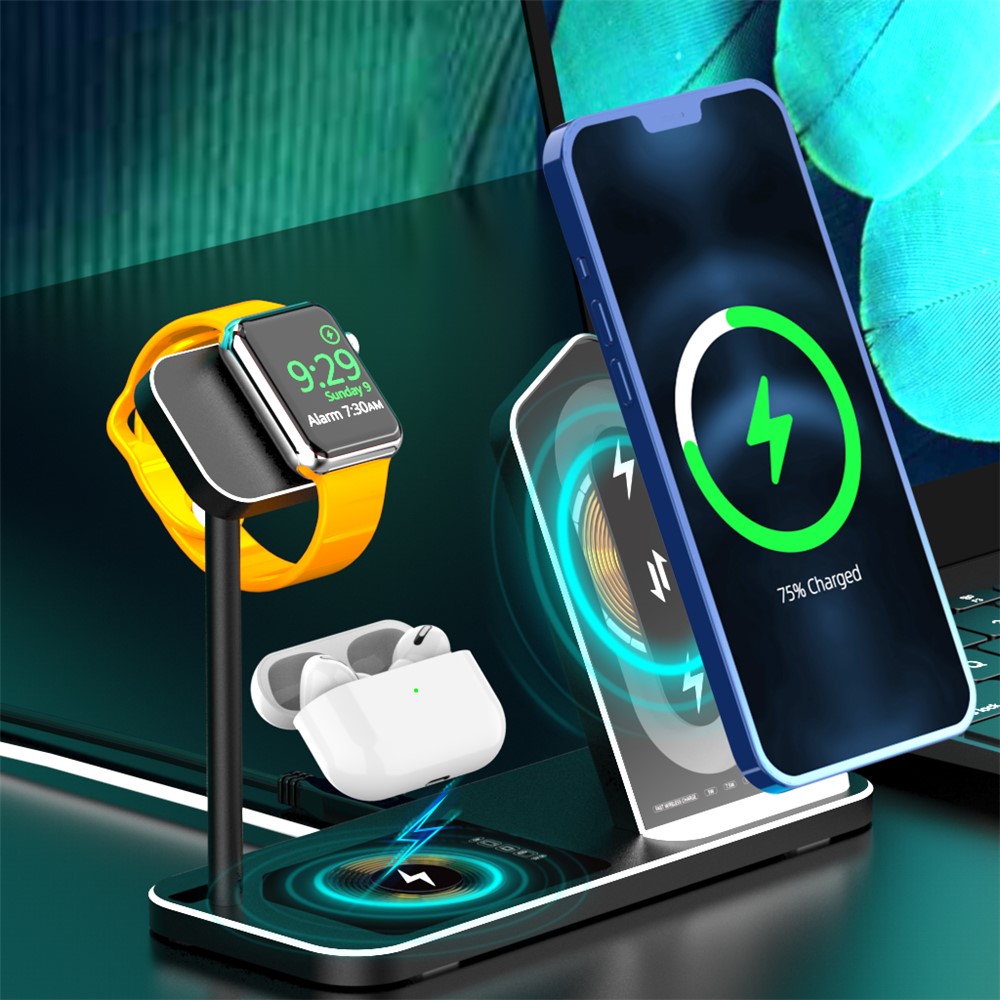 AJWXC005SX 3 En 1 Chargeurs Sans Fil Stand Fast Chargement Station Dock Pour IPhone 12 / Apple Watch / Huawei / Samsung - Noir-4