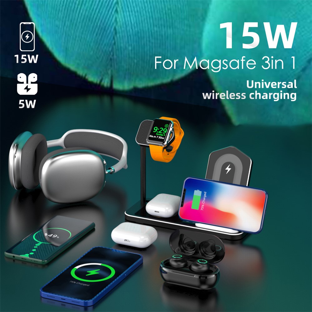 AJWXC005SX 3 En 1 Chargeurs Sans Fil Stand Fast Chargement Station Dock Pour IPhone 12 / Apple Watch / Huawei / Samsung - Noir-7