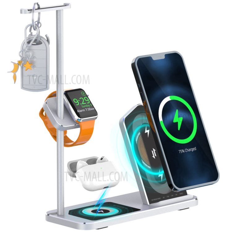 AJWXC007X 3 in 1 Qi Wireless Charger Stand Dock with Headset Holder Hanger for Huawei/Samsung/iPhone 12 - Silver-1