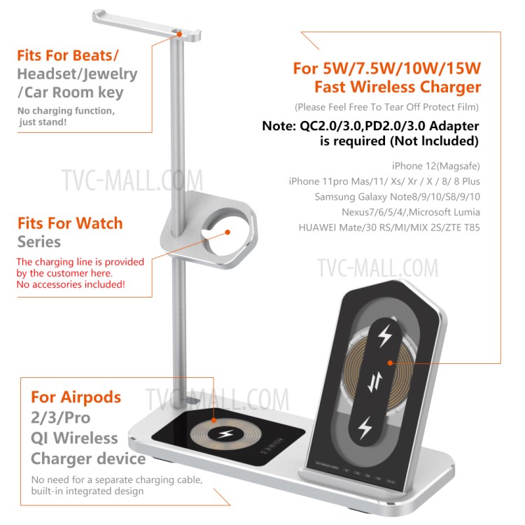 AJWXC007X 3 in 1 Qi Wireless Charger Stand Dock with Headset Holder Hanger for Huawei/Samsung/iPhone 12 - Silver-10