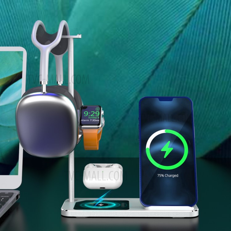 AJWXC007X 3 in 1 Qi Wireless Charger Stand Dock with Headset Holder Hanger for Huawei/Samsung/iPhone 12 - Silver-11