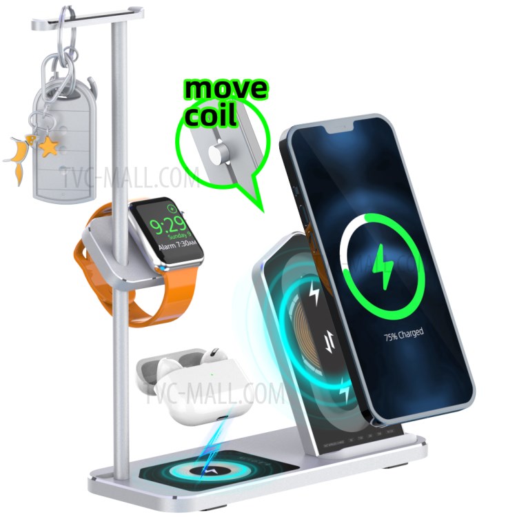 AJWXC007X 3 in 1 Qi Wireless Charger Stand Dock with Headset Holder Hanger for Huawei/Samsung/iPhone 12 - Silver-2