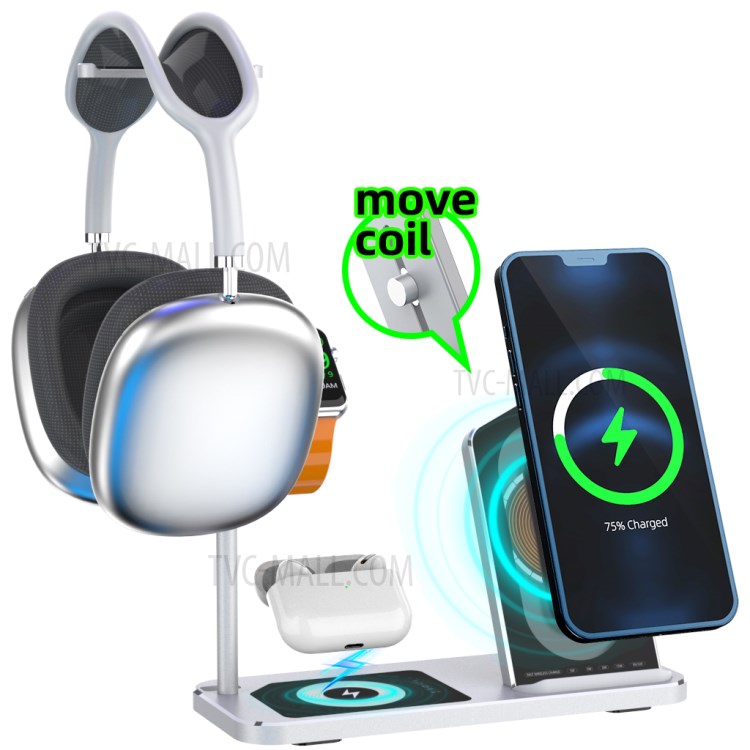 AJWXC007X 3 in 1 Qi Wireless Charger Stand Dock with Headset Holder Hanger for Huawei/Samsung/iPhone 12 - Silver-3