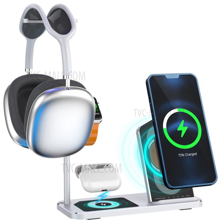 AJWXC007X 3 in 1 Qi Wireless Charger Stand Dock with Headset Holder Hanger for Huawei/Samsung/iPhone 12 - Silver-4