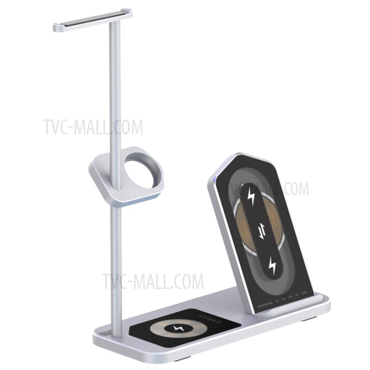 AJWXC007X 3 in 1 Qi Wireless Charger Stand Dock with Headset Holder Hanger for Huawei/Samsung/iPhone 12 - Silver-5