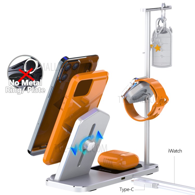 AJWXC007X 3 in 1 Qi Wireless Charger Stand Dock with Headset Holder Hanger for Huawei/Samsung/iPhone 12 - Silver-6