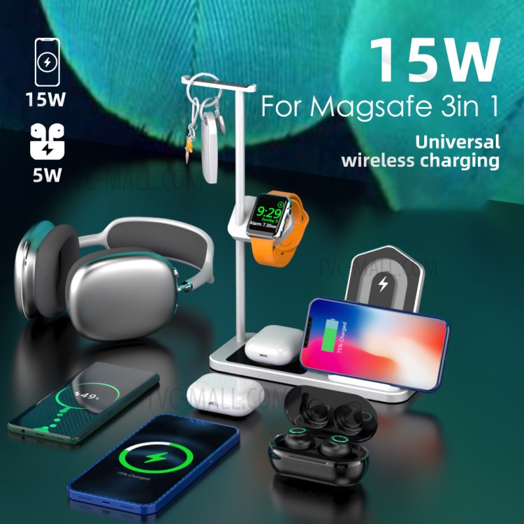 AJWXC007X 3 in 1 Qi Wireless Charger Stand Dock with Headset Holder Hanger for Huawei/Samsung/iPhone 12 - Silver-8