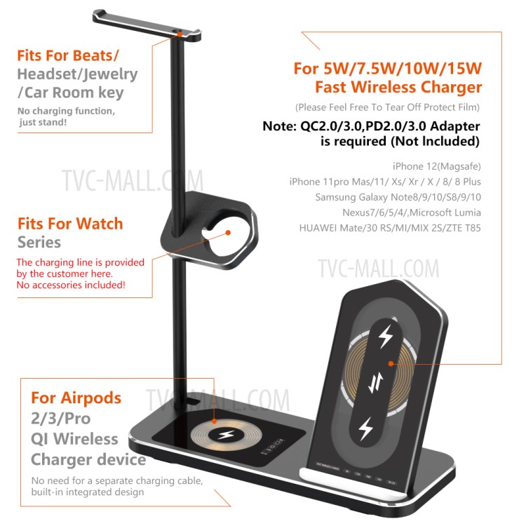 AJWXC007X 3 En 1 Qi Chargeur Sans Fil Stand Dock Avec Support De Support De Casque Pour Huawei / Samsung / Iphone 12 - Noir-11