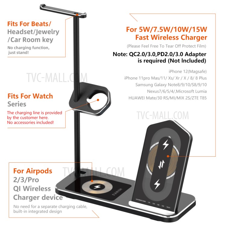 AJWXC007X 3 in 1 qi Dack de Stande de Chargeur de Chargeur Seffichant Avec la Coupe de Casseur Pour Huawei / Samsung / Iphone 12 - le Noir-12