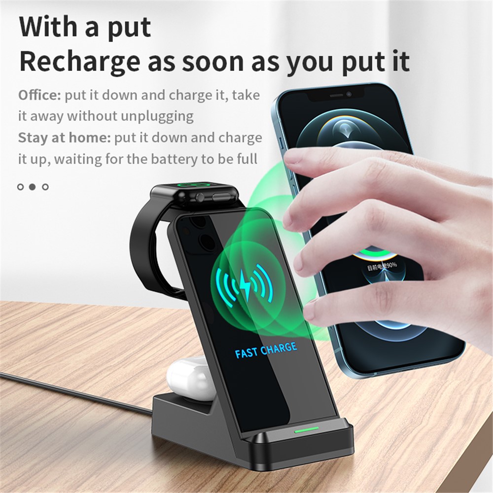 H15 3 in 1 Wireless Charger Station 15W Qi Fast Charging Stand Holder for iPhone/Apple Watch/AirPods - Black-4
