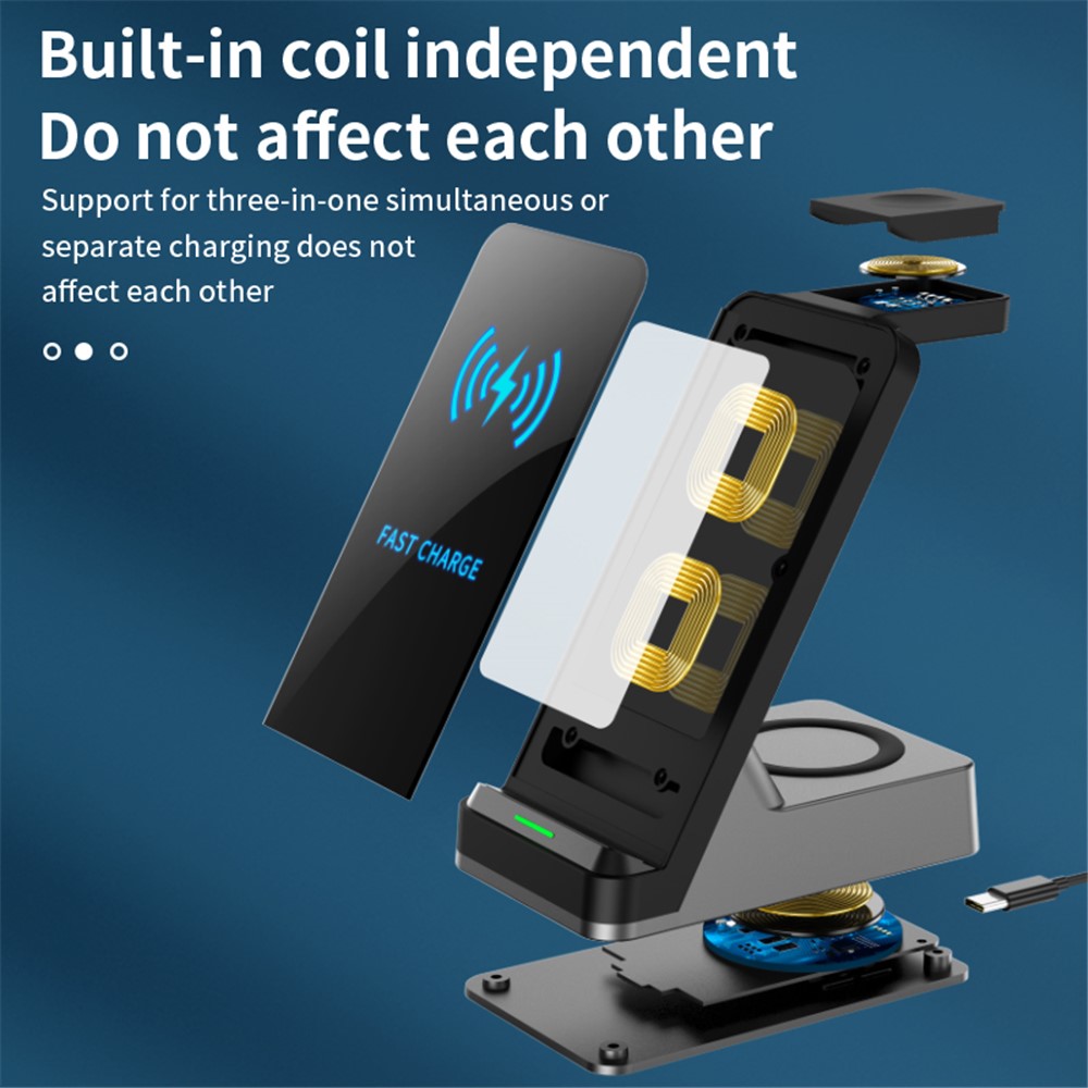 H15 3 in 1 Wireless Charger Station 15W Qi Fast Charging Stand Holder for iPhone/Apple Watch/AirPods - Black-5