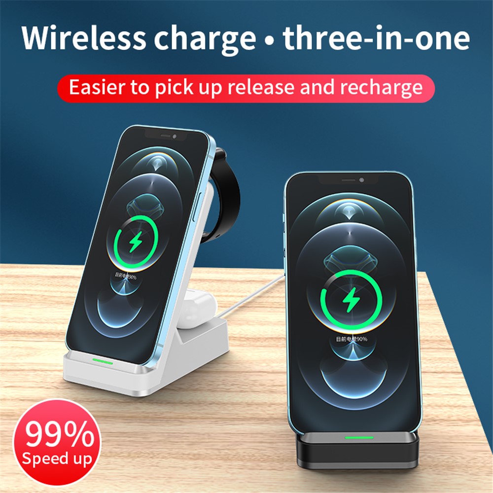 H15 3 in 1 Wireless Charger Station 15W Qi Fast Charging Stand Holder for iPhone/Apple Watch/AirPods - Black-6
