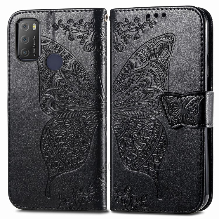 Stand Wallet Design Imprinting Butterfly Flower PU Leather Phone Case Cover for Alcatel 1S (2021) - Black-1