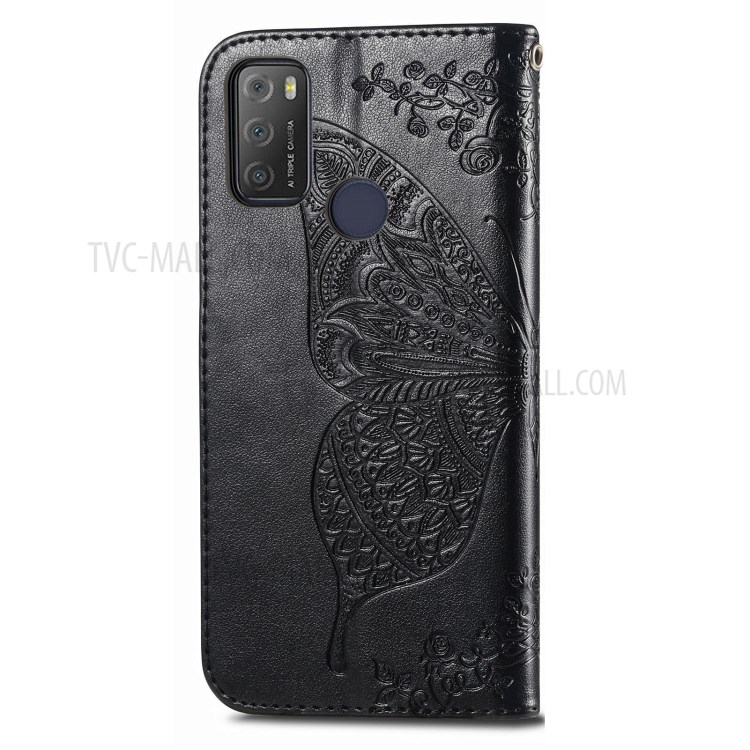 Stand Wallet Design Imprinting Butterfly Flower PU Leather Phone Case Cover for Alcatel 1S (2021) - Black-3