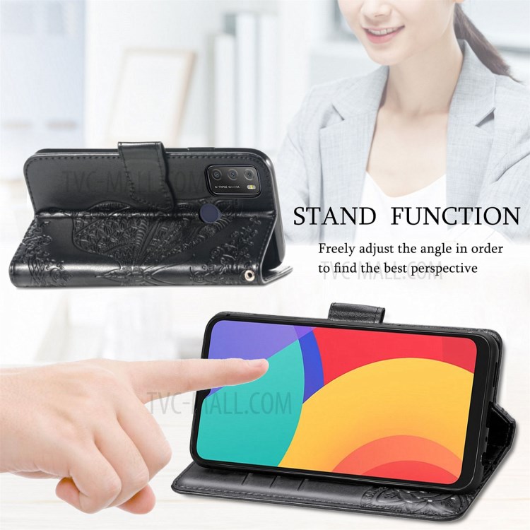 Stand Wallet Design Imprinting Butterfly Flower PU Leather Phone Case Cover for Alcatel 1S (2021) - Black-6