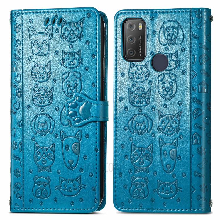 Cat Dog Pattern Imprint Anti-Fall Shockproof Magnetic Clasp PU Leather Wallet Stand Phone Cover for Alcatel 1S (2021) - Blue-1