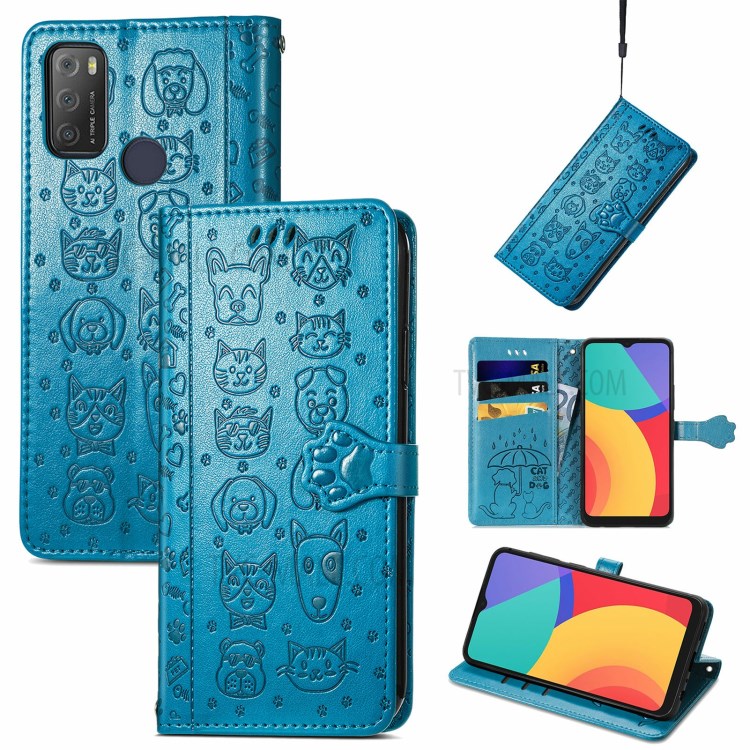 Cat Dog Pattern Imprint Anti-Fall Shockproof Magnetic Clasp PU Leather Wallet Stand Phone Cover for Alcatel 1S (2021) - Blue-7