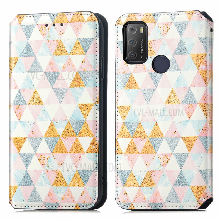 CASENEO 001 Series Automatic-Absorbed Adjustable Stand RFID Blocking Function Pattern Printing Leather Wallet Phone Cover Shell for Alcatel 1S (2021) - Nordic Style Rhombus-1