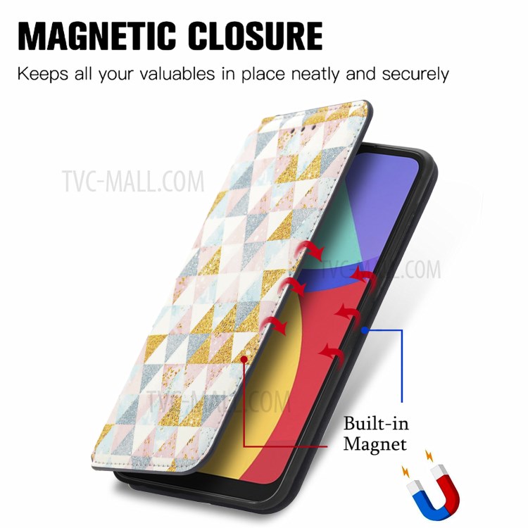CASENEO 001 Series Automatic-Absorbed Adjustable Stand RFID Blocking Function Pattern Printing Leather Wallet Phone Cover Shell for Alcatel 1S (2021) - Nordic Style Rhombus-10