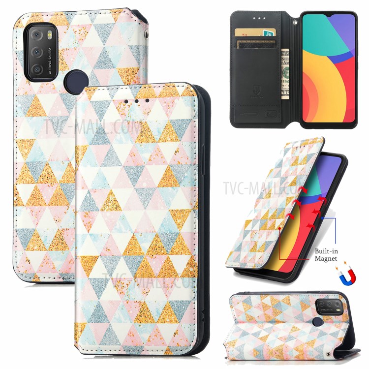 CASENEO 001 Series Automatic-Absorbed Adjustable Stand RFID Blocking Function Pattern Printing Leather Wallet Phone Cover Shell for Alcatel 1S (2021) - Nordic Style Rhombus-11