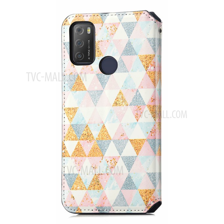 CASENEO 001 Series Automatic-Absorbed Adjustable Stand RFID Blocking Function Pattern Printing Leather Wallet Phone Cover Shell for Alcatel 1S (2021) - Nordic Style Rhombus-3