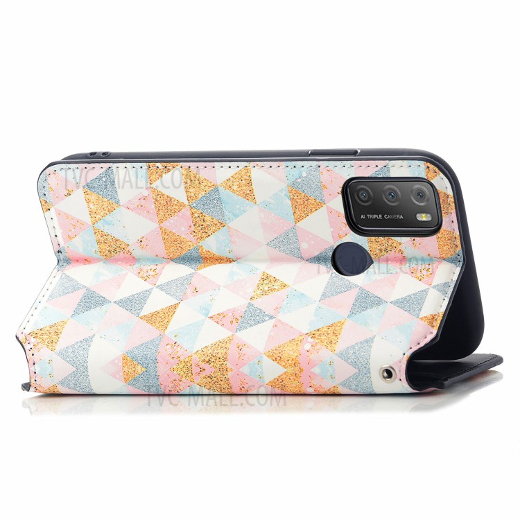 CASENEO 001 Series Automatic-Absorbed Adjustable Stand RFID Blocking Function Pattern Printing Leather Wallet Phone Cover Shell for Alcatel 1S (2021) - Nordic Style Rhombus-4