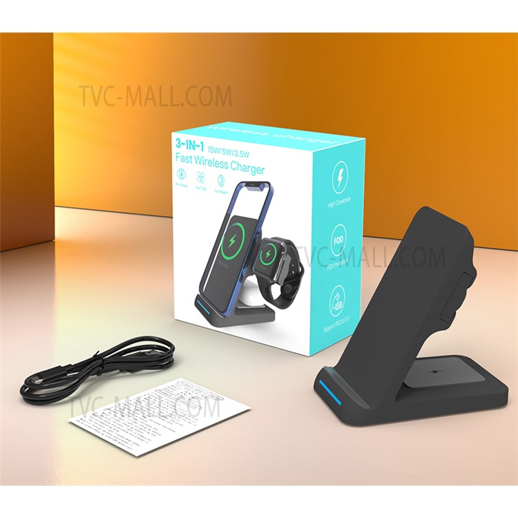 E31 3 in 1 15W Fast Wireless Charger Portable Stretchable Wireless Charging Station with Indicator Light - Black-10