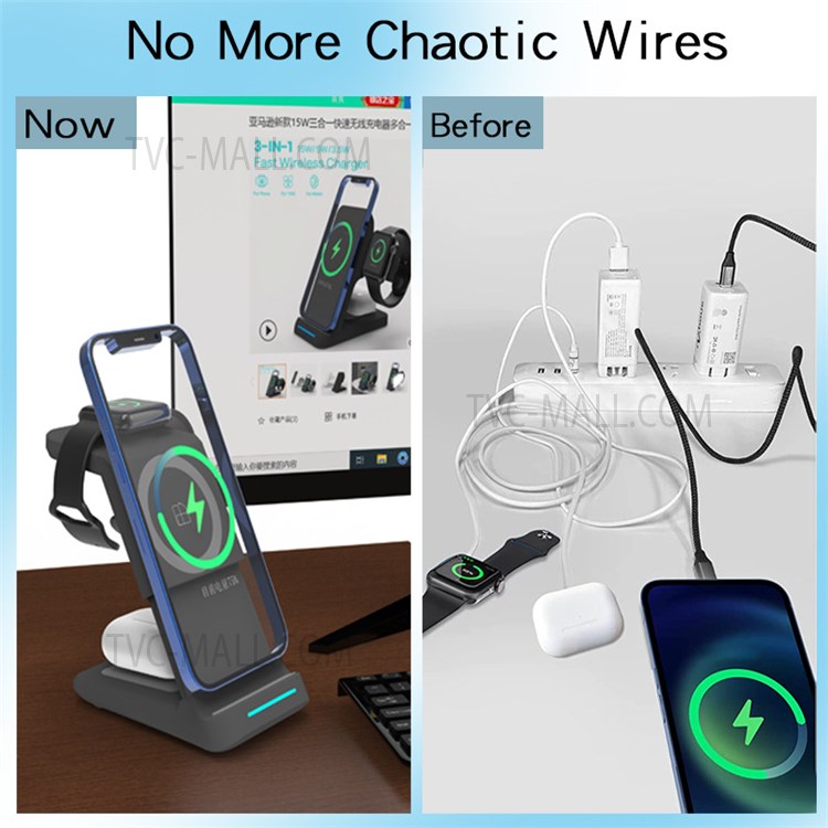 JH6 A28 3 in 1 Magnetic Wireless Charger Lightweight Portable Charging Stand with Indicator Light for Office Home Desk - Black-11