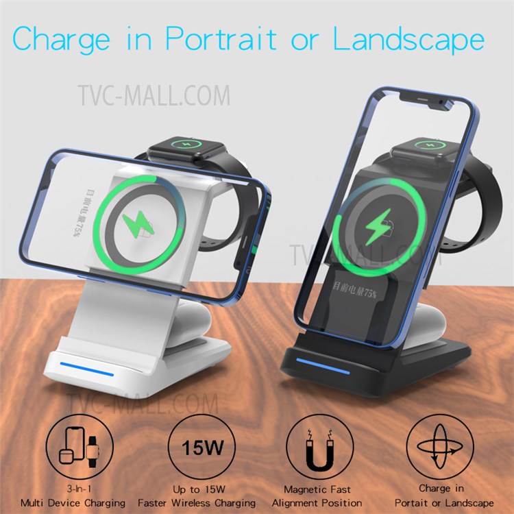 JH6 A28 3 in 1 Magnetic Wireless Charger Lightweight Portable Charging Stand with Indicator Light for Office Home Desk - Black-2