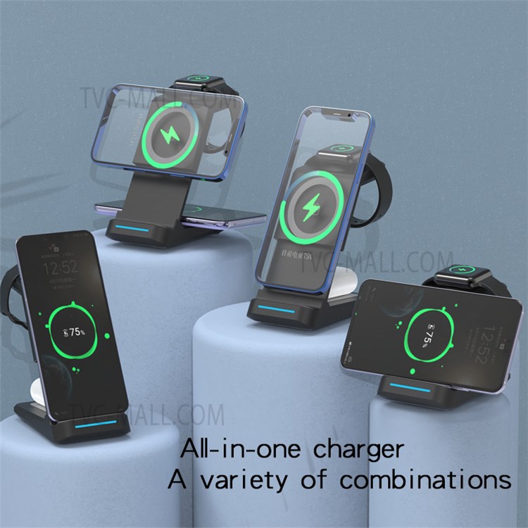 JH6 A28 3 in 1 Magnetic Wireless Charger Lightweight Portable Charging Stand with Indicator Light for Office Home Desk - Black-5