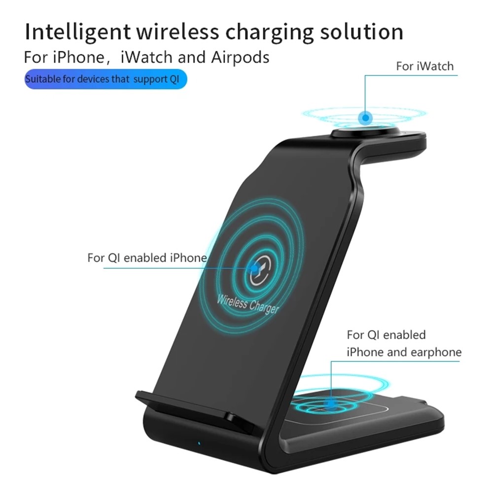 3 in 1 Wireless Charger Stand for iPhone iWatch AirPods 15W Fast Charging Station Dock - Black-2
