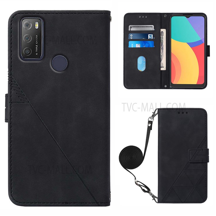 PB2-1 Series Imprinted Business PU Leather Phone Case Anti-drop Wallet Phone Cover with Long Strap Stand for Alcatel 1S (2021) /3L (2021) - Black-1