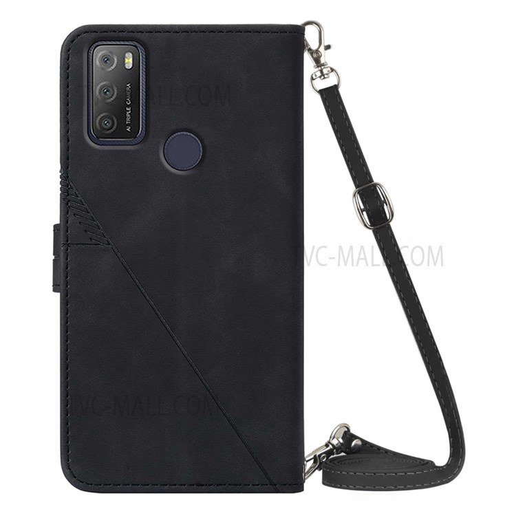 PB2-1 Series Imprinted Business PU Leather Phone Case Anti-drop Wallet Phone Cover with Long Strap Stand for Alcatel 1S (2021) /3L (2021) - Black-3