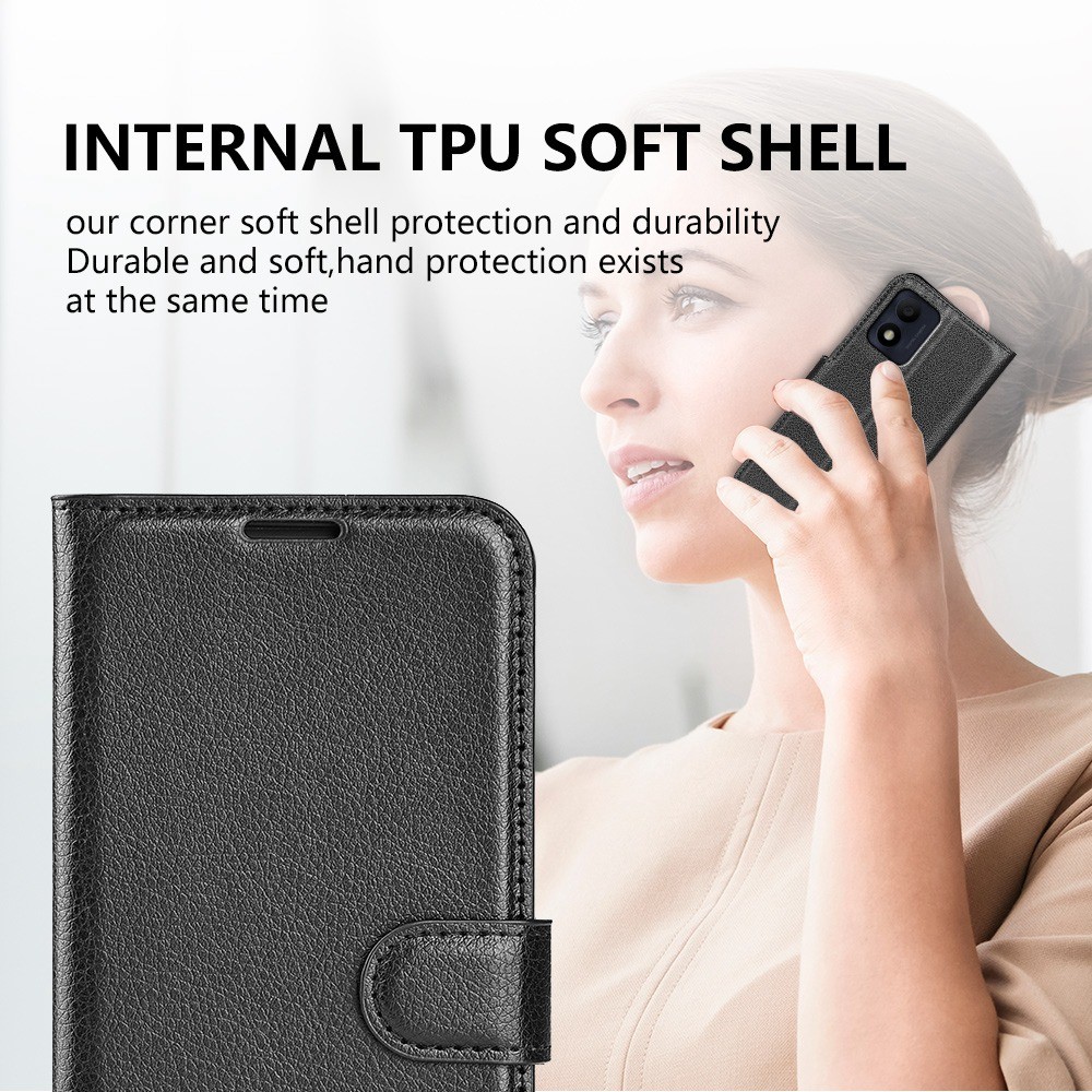 For Alcatel 1B (2022) Litchi Texture Leather Bookstyle Phone Case Stand Function Magnetic Protective Flip Wallet Cover - Black-11