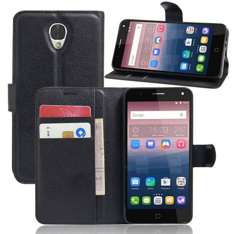 Lychee Skin Wallet Leather Stand Case for Alcatel OneTouch Pop 4 - Black-6