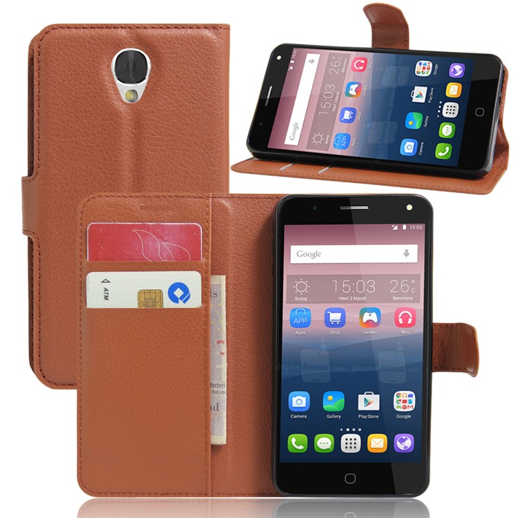 Lychee Skin Wallet Leather Stand Case for Alcatel OneTouch Pop 4 - Brown-6